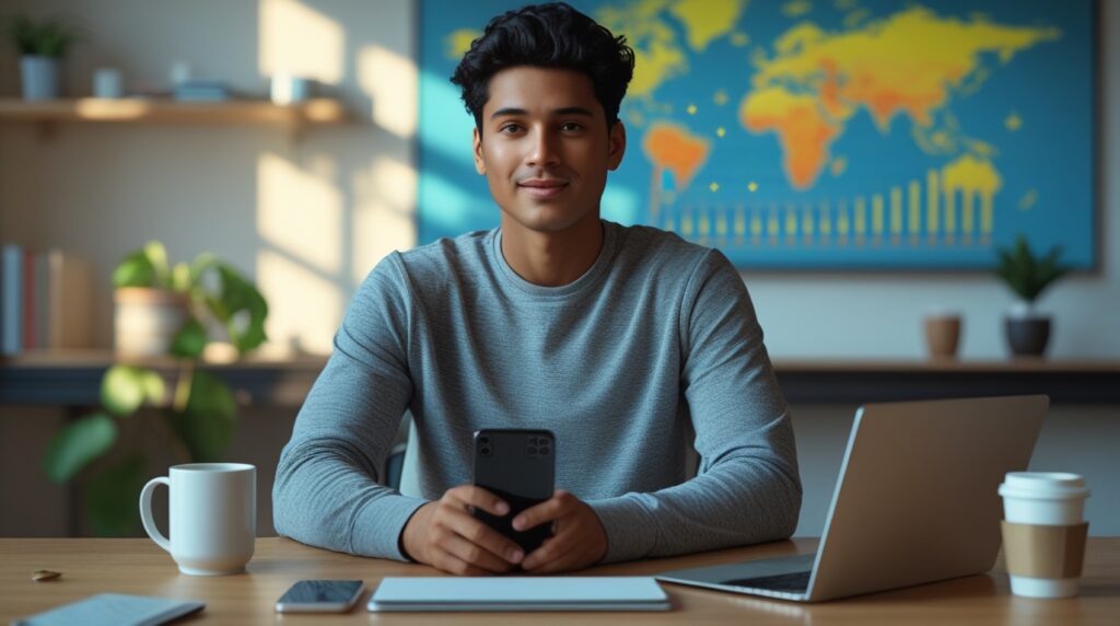 Celular com notificações de vendas e notebook com gráfico subindo.