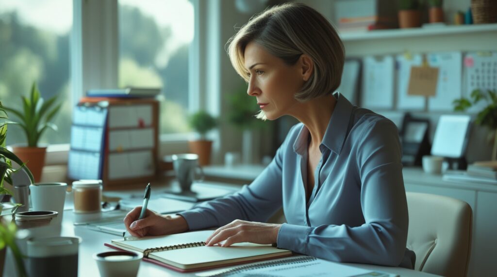 Pessoa focada trabalhando em casa com ambiente organizado.
