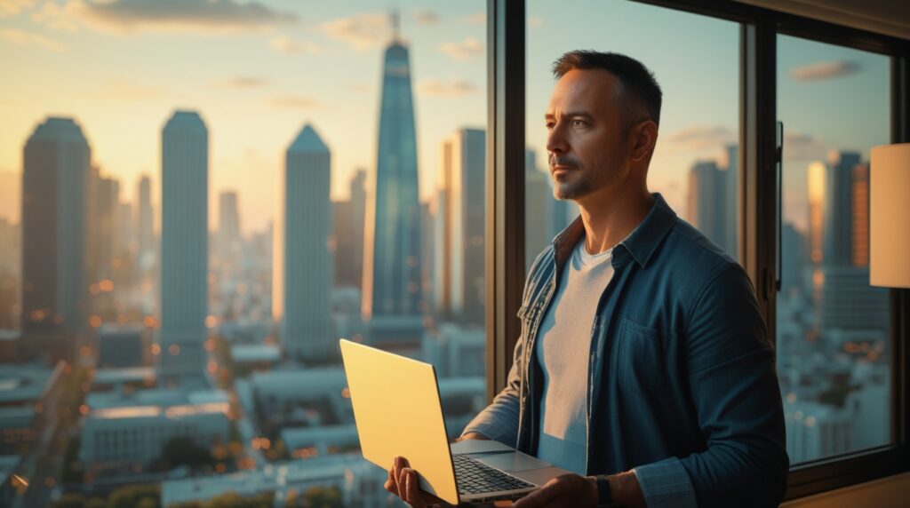 Pessoa olhando pela janela com notebook, simbolizando decisão financeira.