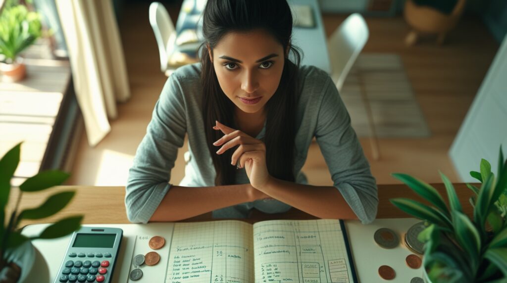 Pessoa organizando finanças em casa com caderno, calculadora e celular.
