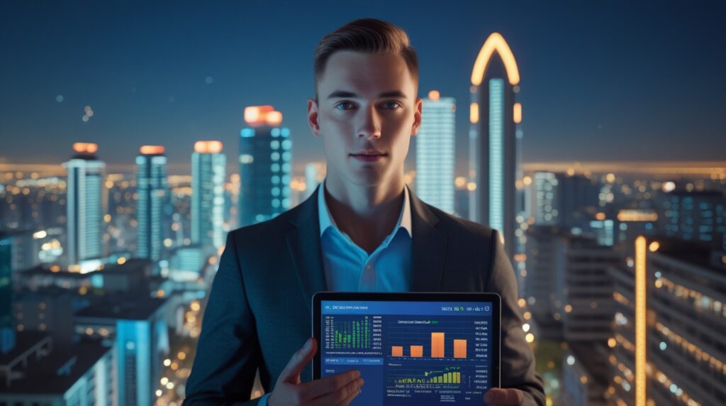 Pessoa segurando tablet com gráficos de FIIs diante de cidade iluminada.