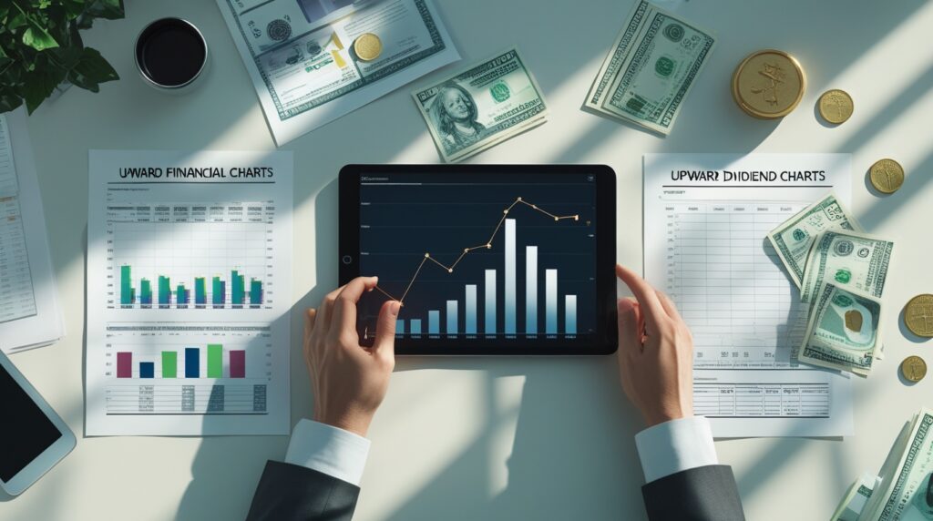 Mesa com planilhas e gráficos de dividendos em visão superior.