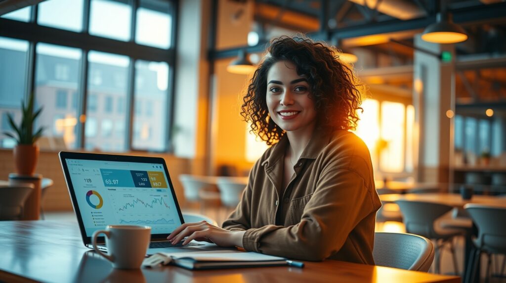 Mulher abrindo conta em corretora no notebook em coworking moderno.