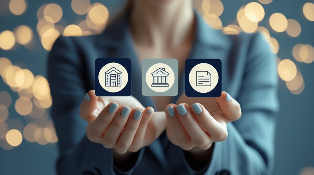 Mãos segurando ícones simbolizando os três tipos de FIIs.