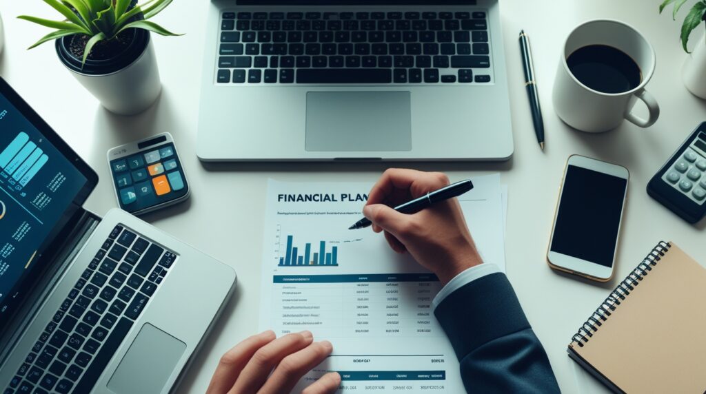 Mesa organizada com planilhas e notebook exibindo gráficos financeiros.