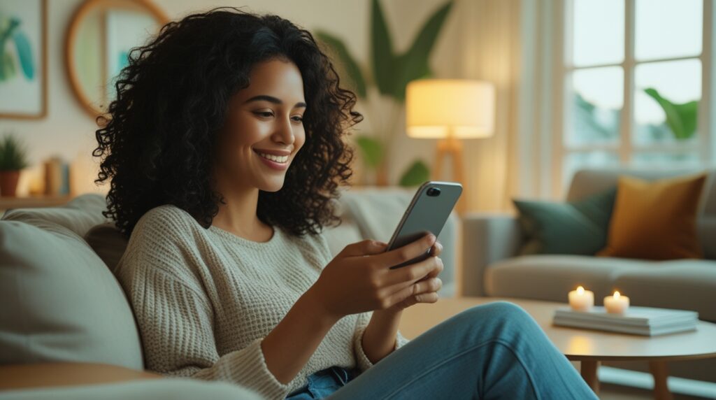 Mulher recebendo notificação de dividendos no celular.