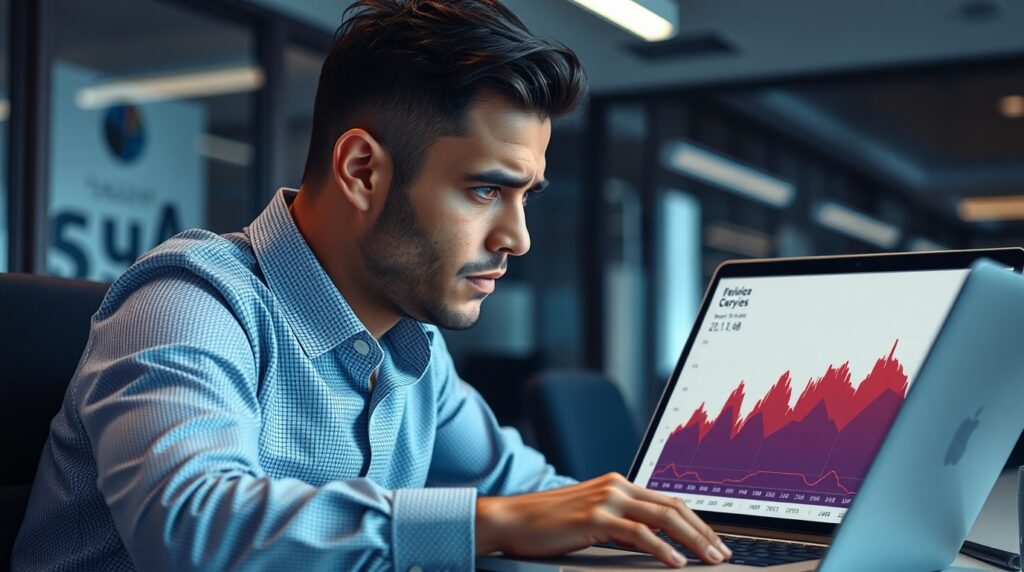 Homem analisando gráfico em queda no notebook.