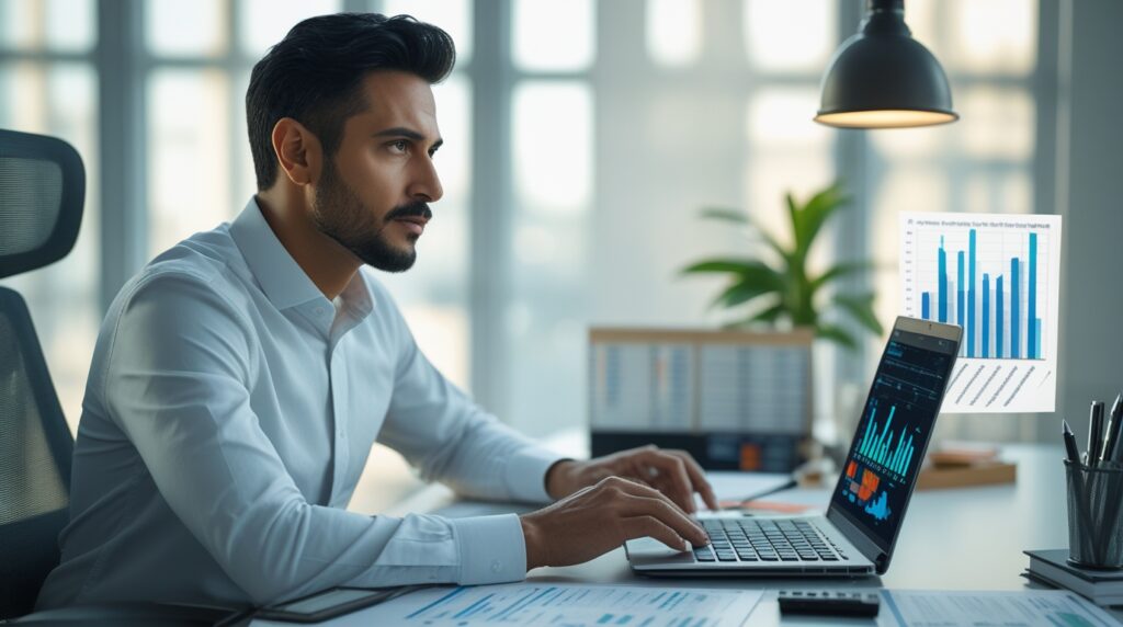 Homem analisando gráficos de dividendos no notebook em escritório moderno.