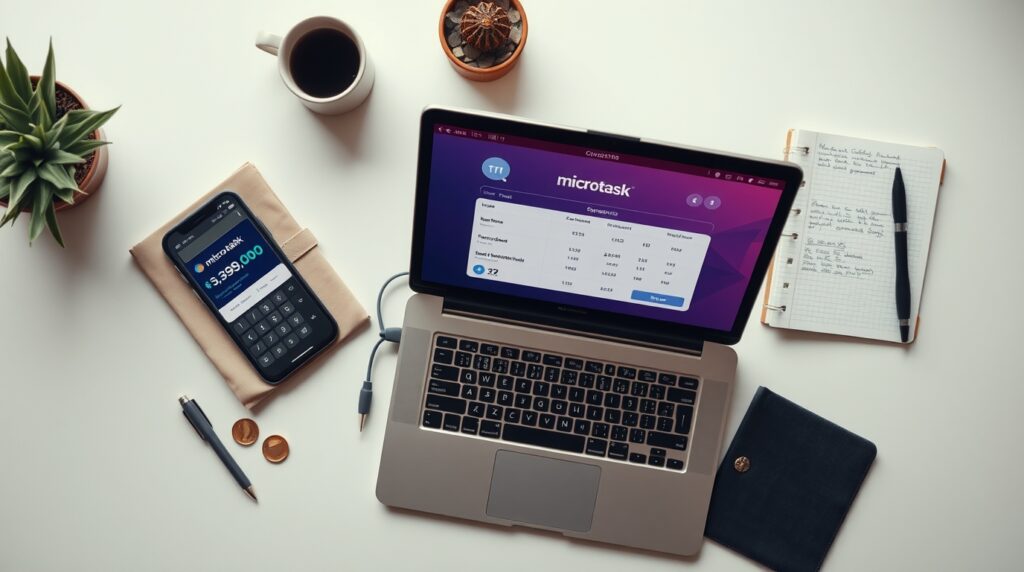 Mesa organizada com notebook e smartphone mostrando ganhos de microtarefas.