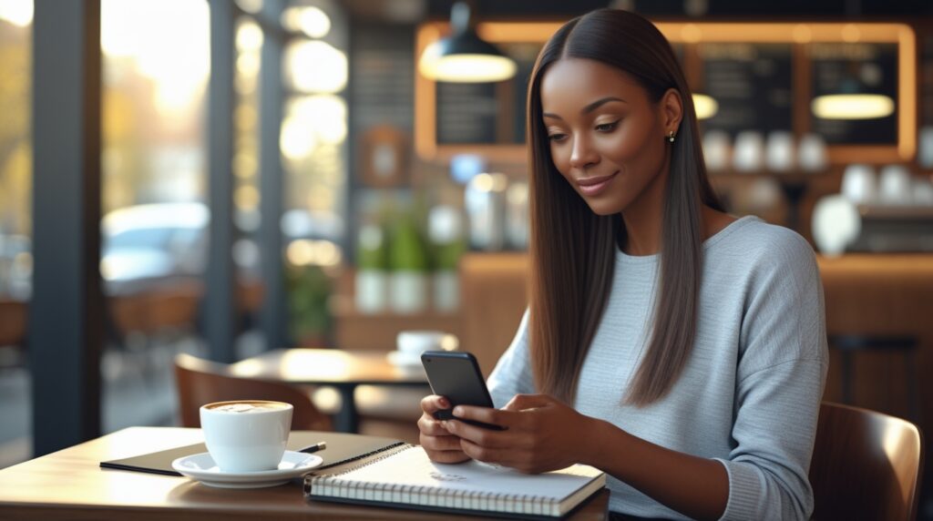 Mulher usando celular em cafeteria, representando renda extra no dia a dia.