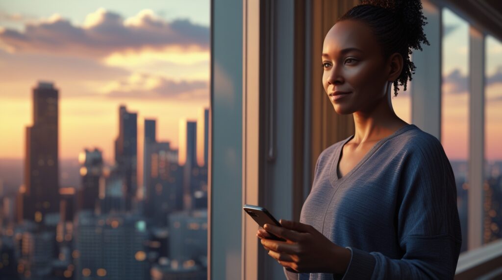 Pessoa olhando a cidade ao pôr do sol com celular, simbolizando liberdade financeira.