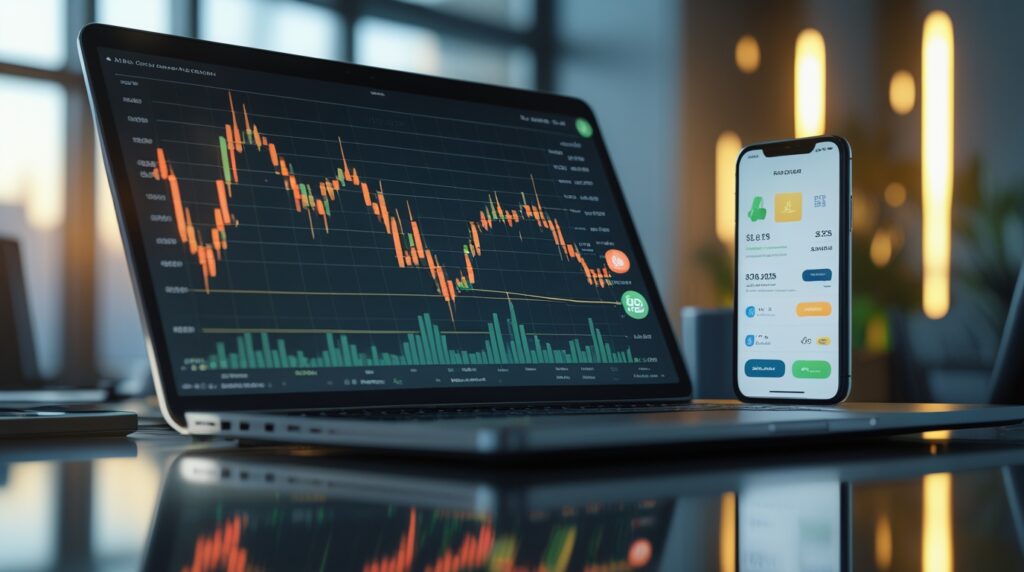 Notebook com gráficos financeiros subindo e celular com aplicativos de renda extra.