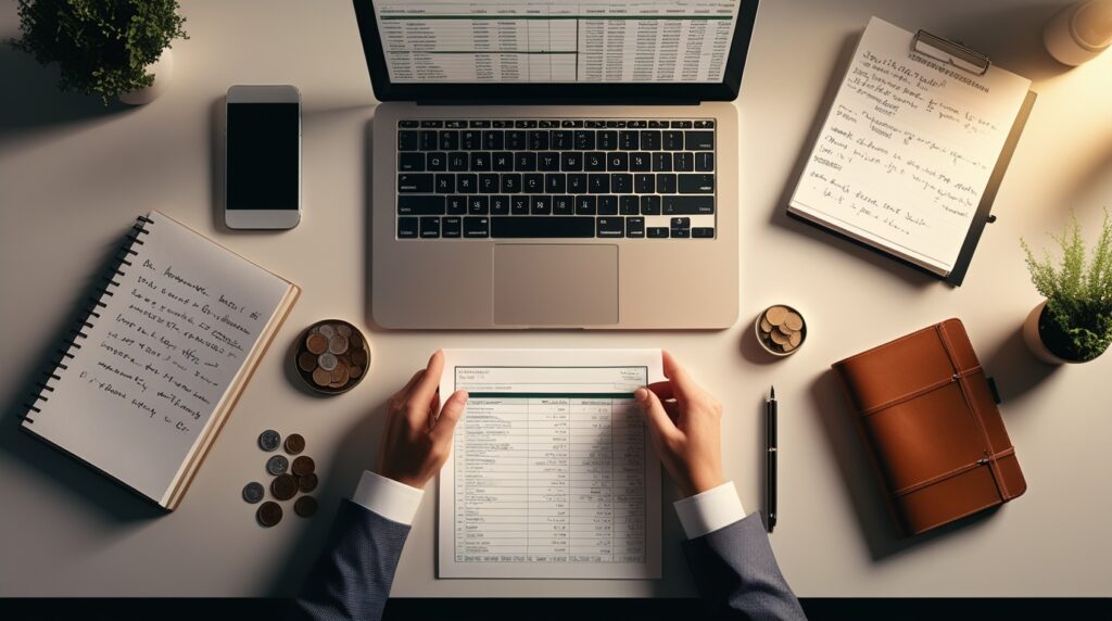 Mesa com notebook, planilha, calculadora e moedas, simbolizando organização financeira.