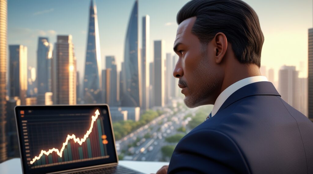 Pessoa analisando gráfico financeiro crescente no notebook.