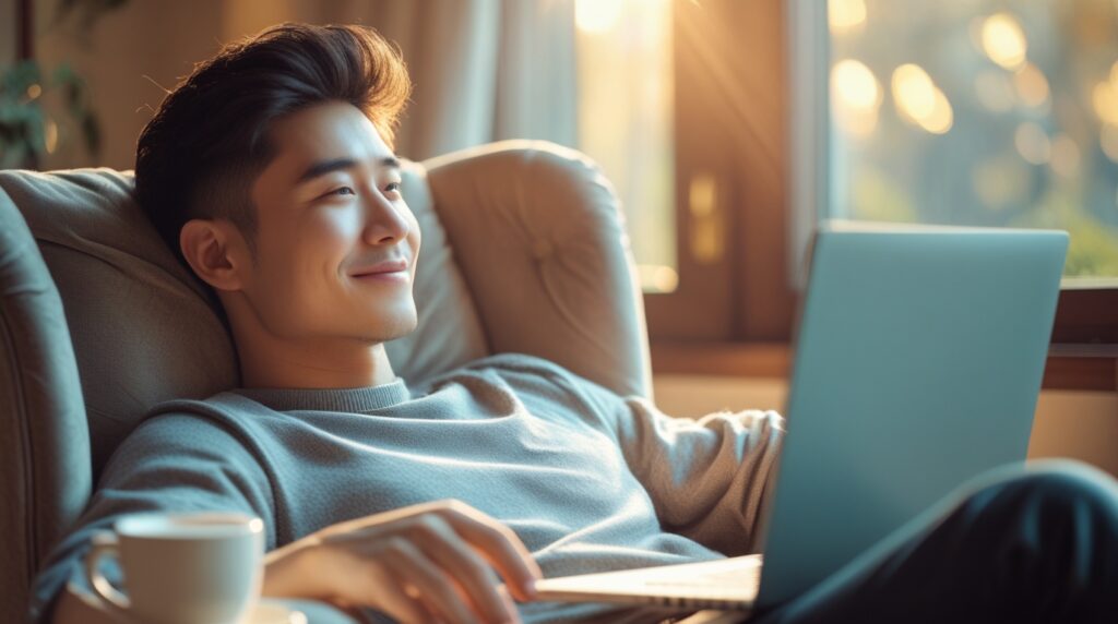 Pessoa usando notebook em casa de forma relaxada, simbolizando liberdade financeira.