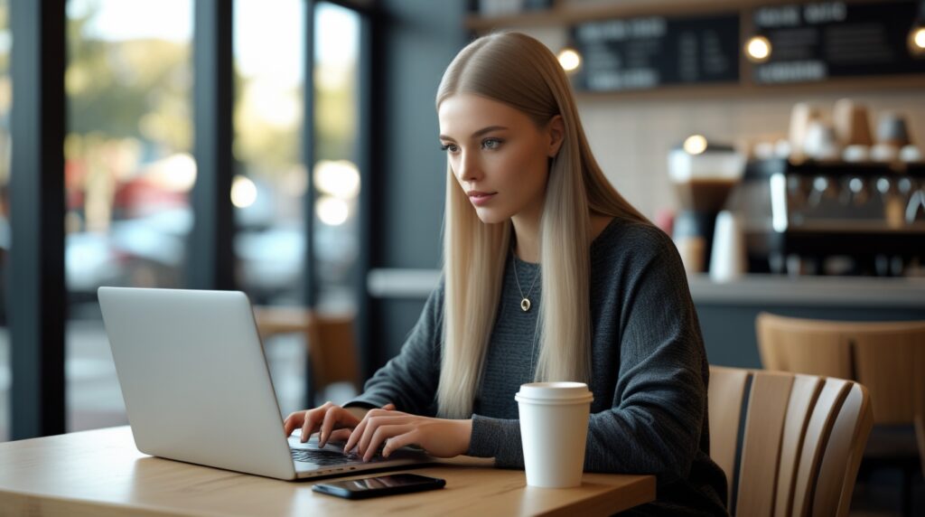 Mulher usando notebook e celular em cafeteria, representando renda extra digital.