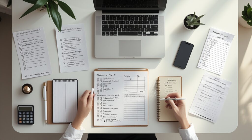 Mesa organizada com notebook e checklist financeiro, representando planejamento de loja virtual.