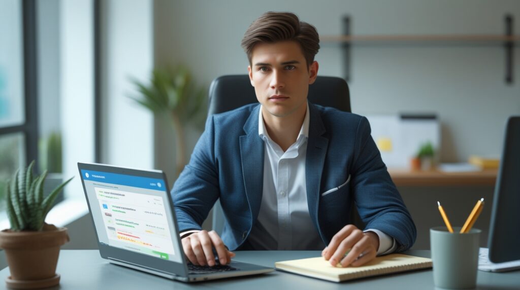 Pessoa confiante em frente ao notebook, simbolizando início de jornada financeira online.