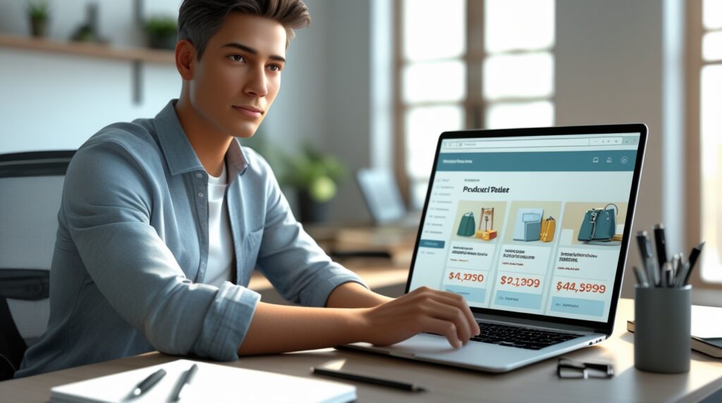 Pessoa analisando vendas em marketplace no notebook, representando oportunidade de renda online.