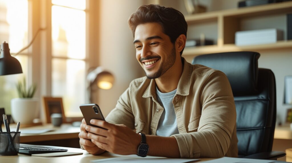 Pessoa sorrindo ao ver notificação de ganhos no celular. apps de renda extra.