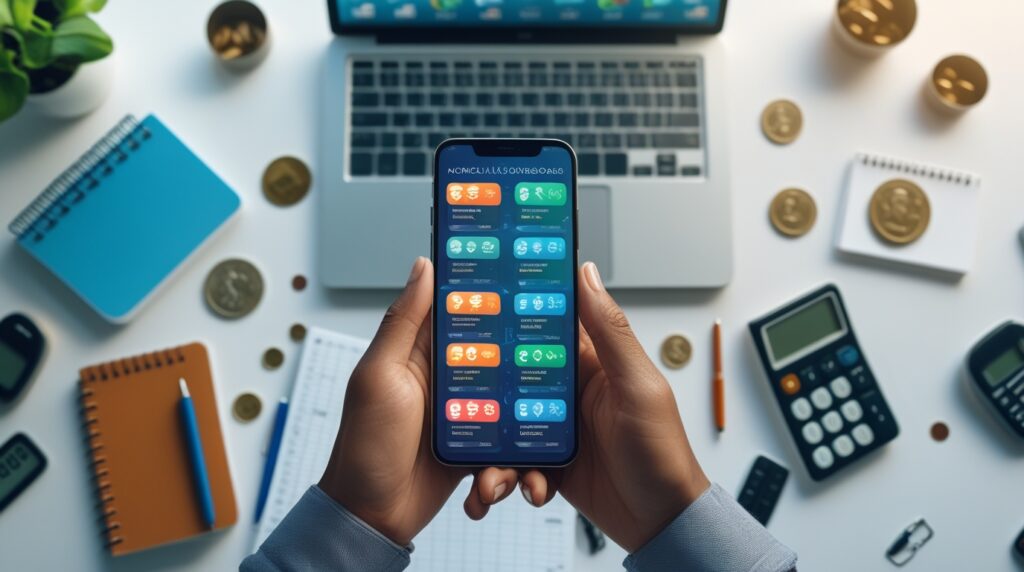 Celular exibindo aplicativos financeiros sobre mesa organizada.