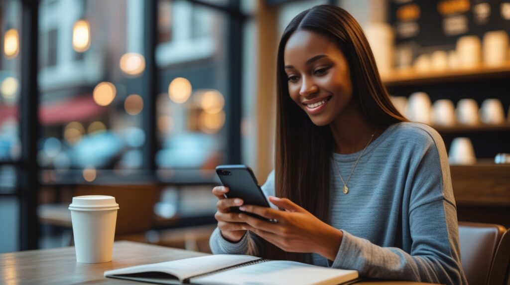 Mulher usando celular em cafeteria moderna verificando ganhos financeiros.