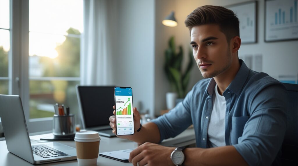 Pessoa usando celular em home office moderno com gráficos financeiros de crescimento.