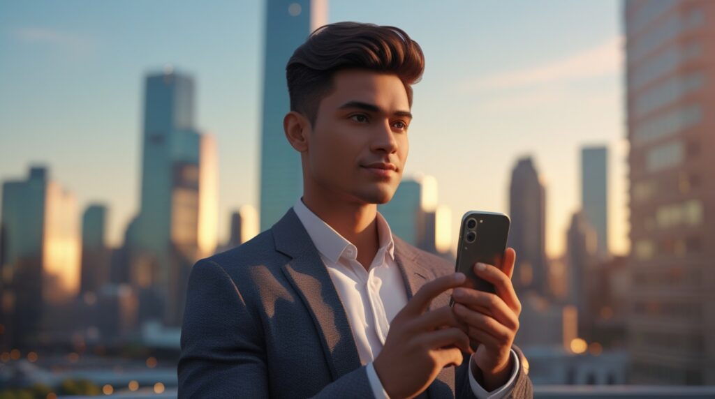 Pessoa olhando skyline urbano segurando celular ao pôr do sol.