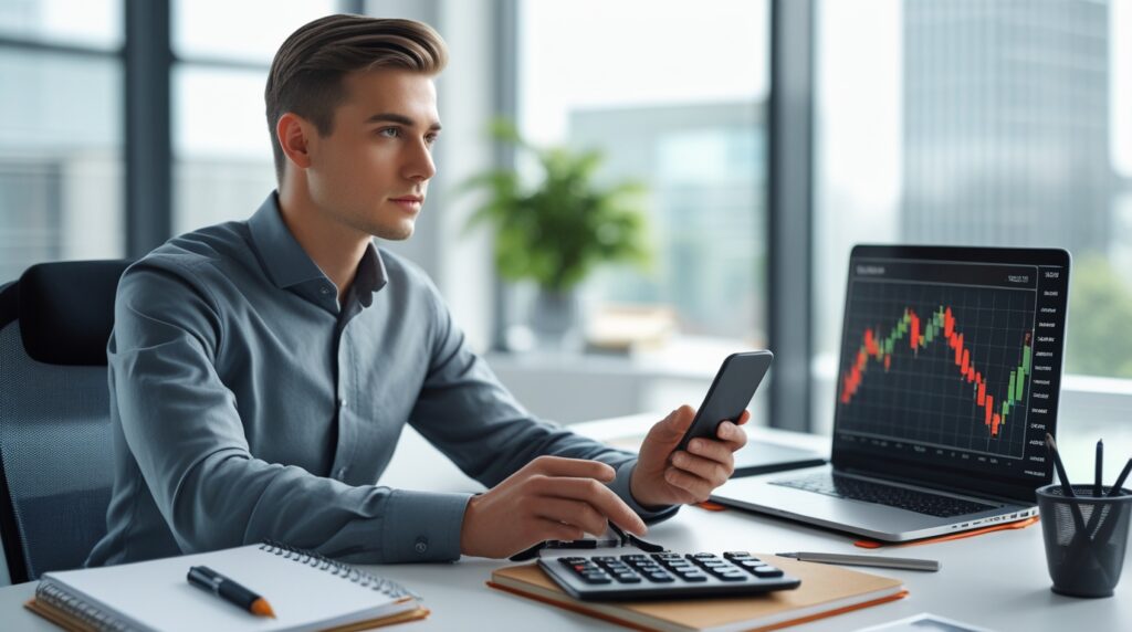 Homem analisando gráficos financeiros no notebook e celular.