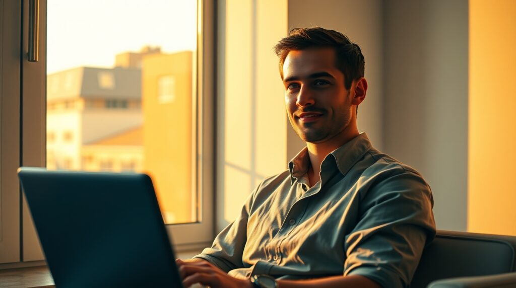 Pessoa planejando crescimento financeiro com notebook.