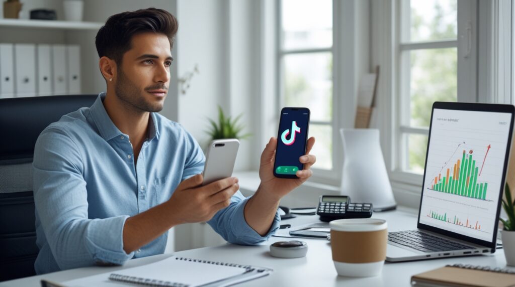 Pessoa analisando ganhos financeiros no TikTok em home office organizado. Como ganhar dinheiro no TikTok