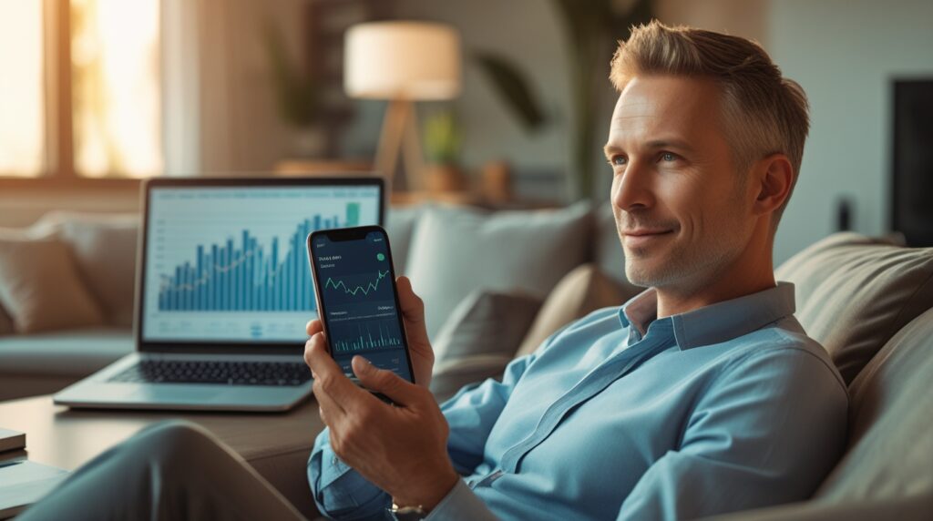 Pessoa analisando investimentos no celular em ambiente tranquilo, representando LCIs e LCAs.