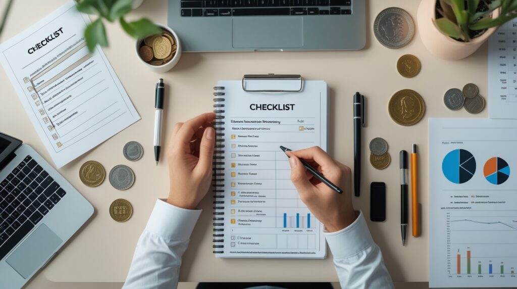 Mesa organizada com checklist financeiro e gráficos representando estratégia de renda fixa.