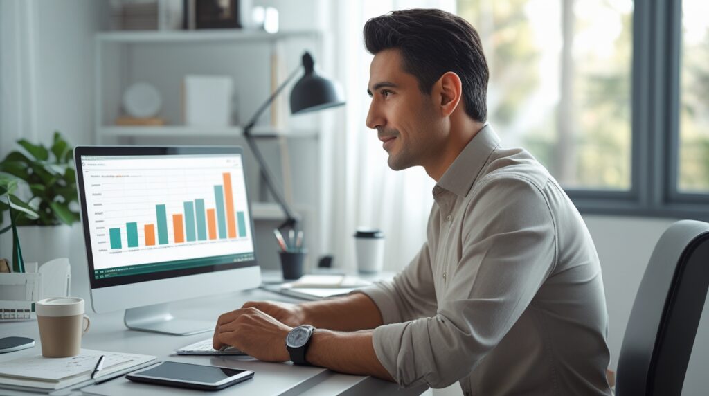 Pessoa analisando gráficos financeiros no notebook em home office organizado, simbolizando renda extra com renda fixa.