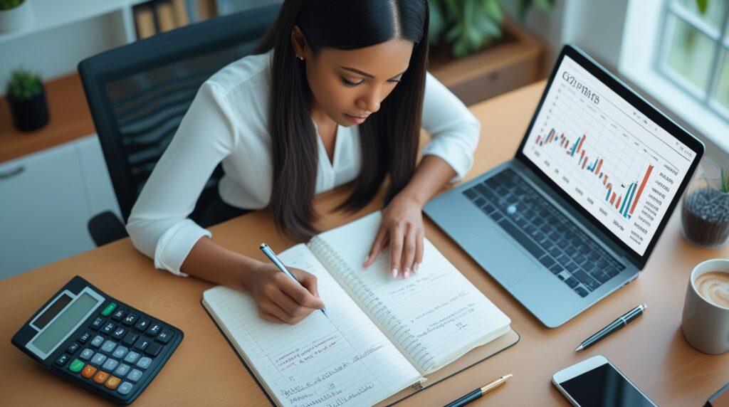 Pessoa anotando informações financeiras enquanto analisa CDBs no notebook.