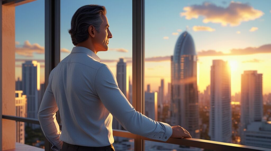 Pessoa observando o horizonte urbano ao amanhecer, simbolizando crescimento financeiro.
