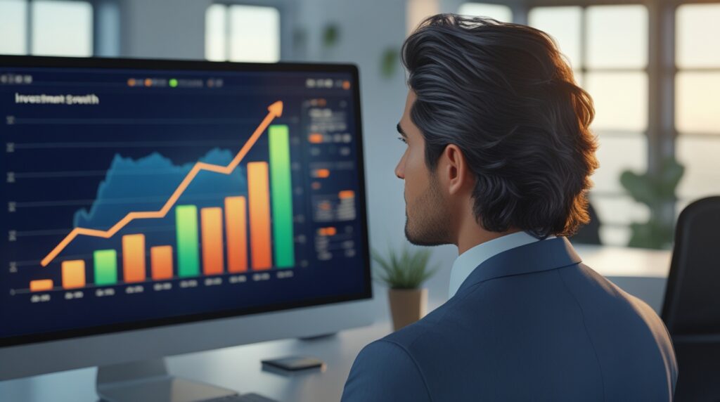 Pessoa observando gráfico financeiro de crescimento em tela de computador.