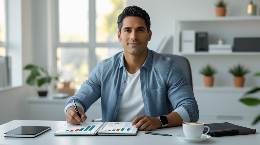 Pessoa analisando investimentos no notebook em home office organizado, representando renda extra com Tesouro Direto.