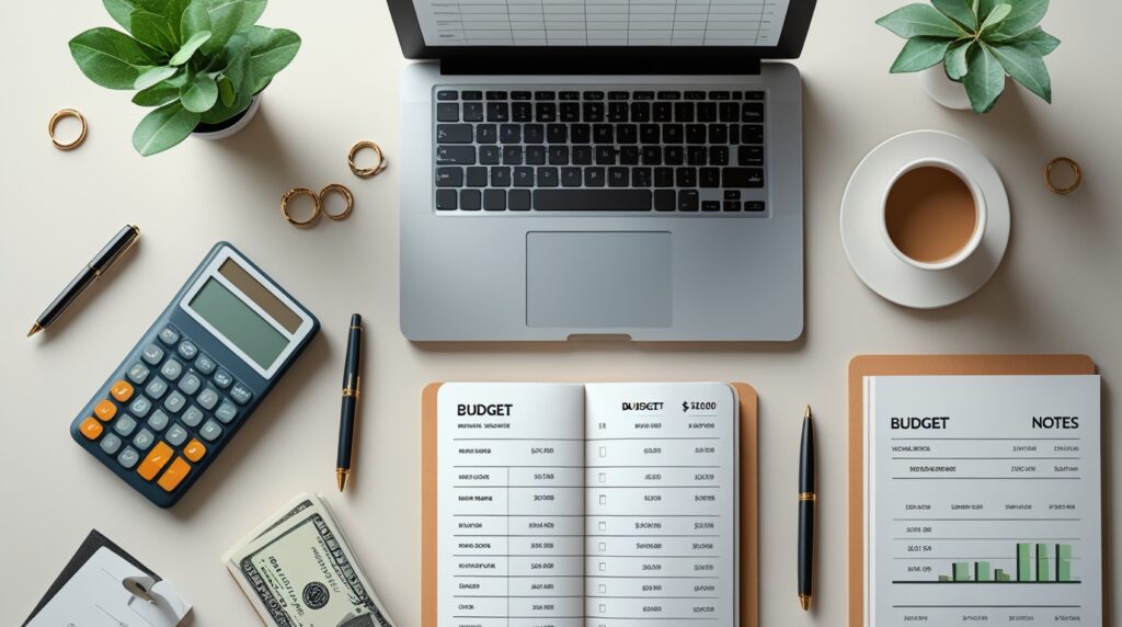 Mesa organizada com materiais de planejamento financeiro e investimentos.